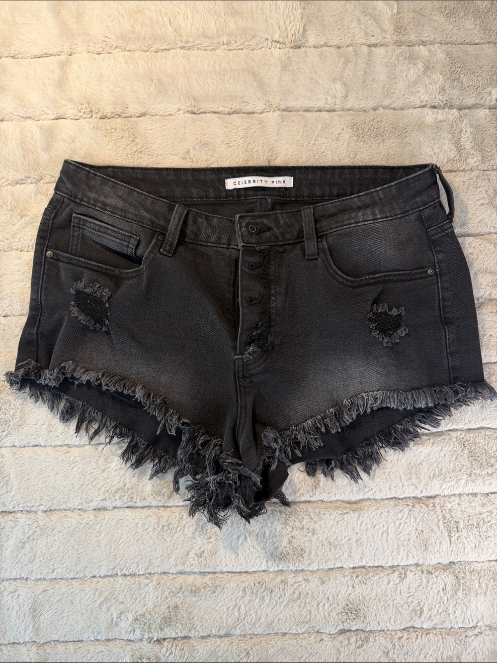 Edgy Festival Distressed Black Denim Cutoffs with 2 inch inseam, 31 or Size 13